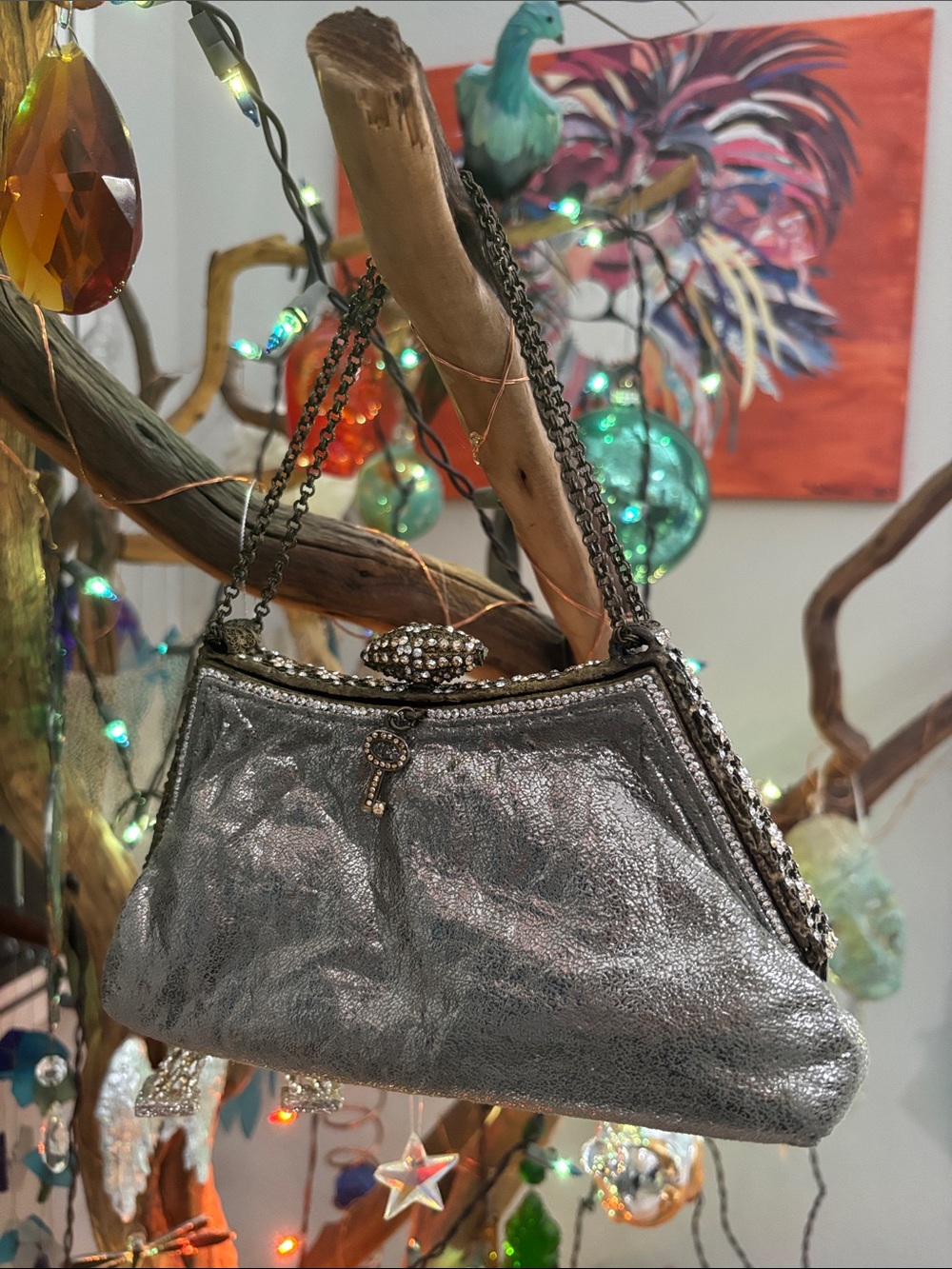 Metallic Silver Evening Clutch with Chain Strap by Lixenberg